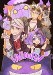  1girl 2boys acerola_(pokemon) alolan_persian animal_ears animal_hands ark_kan bandaged_arm bandaged_head bandages black_shirt cape chandelure claw_pose closed_mouth colored_sclera commentary dress eyewear_on_head fang fire flower gengar gloves grey_hair grin guzma_(pokemon) hair_ornament halloween halloween_costume jewelry lampent litwick looking_at_viewer mature_male mimikyu multiple_boys nanu_(pokemon) open_mouth paw_gloves pokemon pokemon_(anime) pokemon_(creature) pokemon_the_series:_sun_&amp;_moon purple_fire purple_hair red_eyes red_flower red_shirt shirt signature simple_background skin_fang smile sunglasses white_hair white_shirt yellow_sclera 