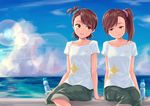  arm_support bracelet brown_eyes brown_hair cloud day futami_ami futami_mami highres holding_hands idolmaster idolmaster_(classic) idolmaster_movie jewelry lens_flare light_smile looking_at_another matching_outfit multiple_girls ocean open_mouth ramune shadow_striker shirt short_hair shorts shoulder_blades siblings side_ponytail sisters sitting sky smile t-shirt white_shirt 