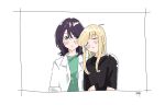  2girls blonde_hair blush cho_kaguya-hime! closed_eyes cocacolastic green_eyes hair_between_eyes highres kaguya_(cho_kaguya-hime!) lab_coat long_hair medium_hair mole mole_under_eye multiple_girls parted_lips purple_hair sakayori_iroha short_sleeves sign upper_body white_background yuri 