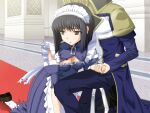  1boy 1girl 2000s_(style) :o black_hair blonde_hair breasts brown_eyes cleavage collar fiena_(mahou_senshi) game_asset hetero holding_hands jewelry kneeling mahou_senshi_(series) mahou_senshi_elixir_knights maid maid_headdress medium_breasts necklace non-web_source official_art open_mouth parted_lips pendant saitou_natsuki self-datamine short_hair torn_clothes variant_set visual_novel_cg 