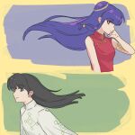  1boy 1girl befoufou174773 black_hair chinese_clothes commentary double_bun dress from_side hair_bun highres mousse_(ranma_1/2) purple_hair ranma_1/2 red_dress red_eyes shampoo_(ranma_1/2) sidelocks simple_background smile 