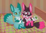 2026 ambiguous_species anthro bed black_body black_fur black_markings black_nose countershade_torso countershading dipstick_tail duo eyebrows fakemon fur furniture game_boy game_boy_family gaming generation_8_pokemon gloves_(marking) green_eyes grey_body grey_fur head_tuft hi_res holding_object inside jamesfoxbr leg_markings looking_at_object male markings multicolored_body multicolored_fur neck_tuft nickit nintendo on_bed open_mouth pawpads pokemon pokemon_(species) red_markings red_nose sitting sitting_on_bed socks_(marking) species_request tail tail_markings tongue tongue_out tuft two_tone_body two_tone_fur white_body white_countershading white_fur