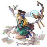  1boy animal another_eden another_eden_art_team bird blonde_hair blue_bow blue_eyes blush boots bow bowtie braid ciel_(another_eden) closed_mouth crossdressing crossdressing_(mtf) dress frilled_dress frills full_body green_dress hair_between_eyes harp hat hat_bow highres instrument long_hair long_sleeves male_focus official_art paper puffy_long_sleeves puffy_sleeves side_braid simple_background sitting smile solo striped_bow tachi-e third-party_source transparent_background trap wariza white_bow white_bowtie wide_sleeves 