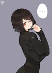  ... 1girl :/ absurdres arm_under_breasts artist_name black_hair black_nails black_pants black_sweater bob_cut breasts bright_pupils desyana_laurentia eyelashes from_side glasses hand_up head_tilt highres huge_breasts jewelry long_sleeves looking_at_viewer medium_hair mole mole_under_eye nail_polish narrowed_eyes necklace norman_maggot original pants purple_background red_eyes scowl signature simple_background sleeves_past_wrists solo_focus speech_bubble sweater swept_bangs turtleneck turtleneck_sweater upper_body white_pupils 