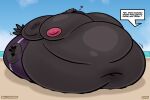 2025 3_toes 4_fingers anthro avian avian_feet balloonedbird beach beak belly big_belly bird black_beak black_body black_talons blush bottomwear clothed clothing cloud copyright_symbol corvid corvus_(genus) crow day deep_navel english_text feathers feet fingers head_tuft heart_symbol hi_res huge_belly hyper hyper_belly immobile male moobs morbidly_obese morbidly_obese_anthro morbidly_obese_male navel nipples non-mammal_nipples obese obese_anthro obese_male orange_eyes oscine outside overweight overweight_anthro overweight_male passerine pink_nipples sand shaded shorts sitting solo symbol tail tail_feathers text toes tuba_(balloonedbird) tuft water