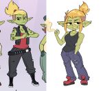 20pesos_sopa absurd_res black_clothing black_shirt black_topwear blonde_hair breasts cigarette clothing ear_piercing ear_ring female female_humanoid footwear goblin green_body green_skin grin hair half-closed_eyes hi_res holding_cigarette holding_object humanoid humanoid_pointy_ears imminent_sex liz_(20pesos_sopa) medium_breasts medium_hair muscular muscular_female muscular_humanoid narrowed_eyes piercing pointy_ears red_clothing red_footwear red_shirt red_topwear ring_piercing shirt smile smoking solo_focus standing tear_trough topwear