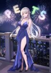  1girl aerial_fireworks against_railing azur_lane bare_arms bare_shoulders black_shoes blue_choker blue_dress breasts choker city city_lights cityscape cleavage collarbone commentary_request commission cowl_neck dress fireworks flower hair_flower hair_ornament high_heels highres korean_commentary large_breasts legs long_hair looking_at_viewer night parted_lips railing red_eyes scylla_(azur_lane) shoes sky sleeveless sleeveless_dress smile solo spaghetti_strap sun_cooing white_flower white_hair 