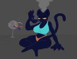 anthro big_breasts big_ears black_body bodily_fluids breasts claws clothed clothing crossed_legs electric_fan fanning felid feline female g-string glistening glistening_body half-closed_eyes hi_res mammal motion_lines narrowed_eyes paws raised_hand shirt simple_background simple_face sitting skimpy solo steam sweat tank_top tight_clothing tired topwear underwear villegreen wide_hips
