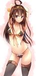  absurdres adapted_costume ahoge armpits arms_up bikini brown_hair front-tie_top hairband heart highres kantai_collection kongou_(kantai_collection) long_hair looking_at_viewer metindone micro_bikini purple_eyes smile solo swimsuit thighhighs 
