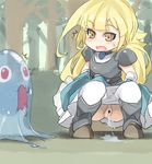  1girl armor blonde_hair blush censored character_request forest long_hair mikoto_(tanken_driland) nature open_mouth peeing pussy skirt slime source_request squatting surprised sweat tanken_driland yahamoi yellow_eyes 