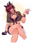  1girl agnes_tachyon_(lunatic_lab)_(umamusume) agnes_tachyon_(umamusume) ahoge animal_ears arm_support bikini bikini_under_clothes black_bikini black_gloves breasts bright_pupils brown_hair commentary criss-cross_halter cropped_legs crossed_legs cutoffs dated ear_ornament english_commentary fingernails flask gloves green_jacket grin hair_between_eyes halterneck hand_up head_tilt highres holding holding_test_tube horse_ears invisible_chair jacket jewelry large_breasts lips looking_at_viewer official_alternate_costume oli_(olibuns) pouch purple_eyes raised_inner_eyebrows round-bottom_flask short_sleeves shorts single_glove sitting smile solo stomach straight-on swimsuit test_tube tied_jacket twitter_username umamusume white_pupils wrist_straps 