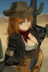  1girl absurdres belt belt_buckle bra breasts buckle cactus cleavage commentary cowboy_hat cowgirl_(western) denim desert freckles hat highres ishmael_(project_moon) jacket jeans large_breasts leather leather_jacket limbus_company looking_at_viewer open_clothes open_jacket pants project_moon red_hair red_scarf scarf solo underwear white_bra yongsadragon 
