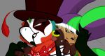 anthro beak bodypaint close-up clothing duo face_paint facial_piercing feathers fluffy fool's_hat freckles hat headgear headwear hi_res holding_another jester kerchief licking male male/male mime nose_piercing nose_ring obscured_eyes piercing raised_hand ring_piercing smile stripes tongue tongue_out top_hat villegreen whiskers