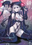  1girl absurdres artist-provided_artwork black_eyes black_hat black_panties black_thighhighs blunt_bangs blush breasts breasts_out chaldea_logo character_doll colored_skin detached_sleeves doll embarrassed fate/grand_order fate_(series) flower full_body glass_shards hand_up hat hat_flower highleg highleg_panties highres kneeling komahime_(exhibition_attire)_(fate) komahime_(fate) looking_at_viewer navel nipples non-web_source panties radishkek revealing_clothes sen_no_rikyu_(exhibition_attire)_(fate) sen_no_rikyu_(fate) short_hair short_twintails sidelocks thighhighs thighs toeless_legwear twintails underwear wavy_mouth white_hair white_nails white_skin 