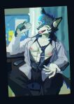 abs absurd_res accessory anthro archermagnum black_body black_fur black_necktie blue_body blue_fur canid canine canis chair clothing coat fangs fur furniture grey_body grey_fur guni_shi3 hi_res holding_stethoscope inside lab_coat looking_at_viewer male mammal medical_instrument muscular necktie nipples open_lab_coat open_mouth pecs pink_nipples scientific_instrument shirtless sitting smile solo stethoscope teeth topwear white_body white_fur wolf yellow_eyes