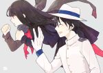  1boy 1girl ark_kan black_hair black_serafuku black_skirt clenched_hands closed_eyes commentary fate/grand_order fate_(series) from_side gloves grey_background hair_between_eyes hat jacket long_sleeves neckerchief open_mouth oryou_(fate) pink_neckerchief ponytail profile sailor_collar sakamoto_ryouma_(fate) scarf school_uniform serafuku signature simple_background skirt sweat torn_clothes torn_neckerchief white_gloves white_hat white_jacket 