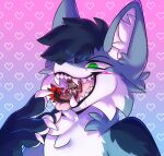 2025 anthro appliei black_pawpads blush blush_lines bodily_fluids canid canine cheek_tuft chest_tuft claws duo emon facial_tuft fangs green_eyes hair hi_res in_mouth inner_ear_fluff male male/male mammal micro nude open_mouth open_smile pawpads pink_tongue pupils saliva sharp_teeth short_hair slit_pupils smile snout tail teeth tongue tuft vore white_claws white_pawpads