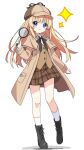  1girl black_boots black_bow black_bowtie blonde_hair blue_eyes blush boots bow bowtie brown_capelet brown_coat brown_hat brown_skirt brown_vest buttons capelet closed_mouth coat commentary_request dot_nose full_body hat highres holding holding_magnifying_glass kotatsu-mazoku lace-up_boots layered_sleeves long_hair long_sleeves looking_at_viewer magnifying_glass miniskirt open_clothes open_coat original plaid_clothes plaid_skirt pleated_skirt simple_background skirt smile socks solo sparkle standing vest white_background white_socks 
