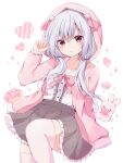  1girl blush bow bowtie breasts center_frills cleavage collared_shirt commentary_request commission donut food frilled_skirt frilled_sleeves frills heart highres hood hood_up hoodie indie_virtual_youtuber kokoshira_0510 long_hair long_sleeves looking_at_viewer low_twintails macaron parted_lips pink_eyes pleated_skirt second-party_source shirt skeb_commission skirt solo sparkle stuffed_animal stuffed_rabbit stuffed_toy thighhighs twintails virtual_youtuber white_hair yuimaru_(vtuber) yume_kawaii 