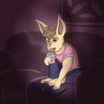 1:1 absurd_res anthro barefoot beaux_(coffee) beverage bottomwear braided_hair clothed clothing coffee coffee_(artist) coffee_mug coffeebynight computer electronics eyebrow_piercing facial_piercing feet freckled_face freckles hair hare hi_res inside lagomorph leporid male mammal pants piercing rabbit shirt simple_background solo t-shirt three-quarter_view tired_eyes topwear