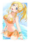  ayase_eli bikini blonde_hair blue_eyes blush bracelet breasts cleavage floral_print flower front-tie_top hair_flower hair_ornament highres jewelry kurukuru_(p!) looking_at_viewer love_live! love_live!_school_idol_project md5_mismatch medium_breasts navel ocean open_mouth orange_bikini partially_submerged ponytail print_bikini see-through short_hair side-tie_bikini solo swimsuit water yellow_bikini 