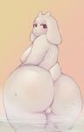 anthro big_butt boss_monster_(undertale) bovid breasts butt caprine clear_water eyelashes fangs female female_anthro floppy_ears fur genitals hi_res holemann horn legs_in_water legs_together lidded_eyes looking_at_viewer looking_back looking_back_at_viewer lop_ears low-angle_view mammal nipples nude nude_anthro nude_female partially_submerged rear_view red_eyes scut_tail short_tail simple_background snout solo standing standing_in_water tail teeth thick_thighs toriel undertale_(series) vulva water wet white_body white_fur yellow_background