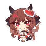  1girl animal_ears braid braided_hair_rings bright_pupils brown_hair chibi chibi_only closed_mouth commentary detached_sleeves dress ear_covers ear_ornament full_body gentildonna_(regina_dei_fiori)_(umamusume) gentildonna_(umamusume) gloves hair_rings hand_on_own_arm hand_up heart-shaped_ornament heart_ear_ornament highres horse_ears horse_girl horse_tail index_finger_raised long_hair looking_at_viewer red_eyes shoes simple_background smile solo tail thighhighs umamusume white_gloves white_pupils yongjo 