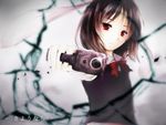  aiming_at_viewer black_hair broken_glass crying crying_with_eyes_open firing_at_viewer fourth_wall gangsta_hold glass glock gun handgun highres lin_(laam226) neckerchief original red_eyes school_uniform solo tears translated weapon 