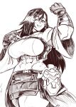 1girl abs absurdres breasts crop_top detached_sleeves final_fantasy final_fantasy_vii final_fantasy_vii_remake final_fantasy_vii_revelation fingerless_gloves gloves greyscale highres huge_breasts insouwu looking_at_viewer miniskirt monochrome more_muscular_than_canon muscular muscular_female official_alternate_costume skirt smile solo tifa_lockhart tifa_lockhart_(black_mage) tongue tongue_out waist_cape 