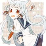 1girl animal_ears ark_kan ass black_pantyhose blue_hair blue_ribbon blue_sailor_collar blunt_bangs blush cat_ears cat_girl cat_tail clothes_lift commentary_request dress dress_lift fang hair_ribbon kantai_collection lifted_by_tail long_hair looking_at_viewer looking_back murakumo_(kancolle) neckerchief open_mouth pantyhose paw_print red_eyes red_neckerchief ribbon sailor_collar sailor_dress sidelocks signature simple_background skin_fang solo sweat tail tress_ribbon very_long_hair white_dress 