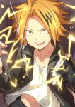  1boy :d bangs black_jacket boku_no_hero_academia earphones electricity hand_up jacket kaminari_denki looking_at_viewer male_focus open_clothes open_jacket open_mouth orange_hair parted_bangs sanpaku sekina shirt sketch smile solo upper_body white_shirt yellow_eyes 