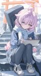  1girl absurdres ahoge black_pantyhose blue_archive blue_eyes blush chinese_commentary coat commentary_request dated duffel_coat enpera fingerless_gloves full_body gloves hair_between_eyes halo heterochromia highres holding holding_pen holding_sketchbook hongshao_tu_tou_bei_bei_xiang hoshino_(blue_archive) knees_up long_hair long_sleeves looking_at_viewer outdoors pantyhose pen pink_hair pink_halo scarf shoes sitting sitting_on_stairs sketchbook skirt smile sneakers solo stairs torii weapon_case white_scarf yellow_eyes 