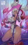  1girl absurdres alternate_breast_size_(larger) artist-provided_artwork backless_dress backless_outfit bare_shoulders black_gloves breasts dark-skinned_female dark_skin detached_horns dress fate/grand_order fate/samurai_remnant fate_(series) fingerless_gloves gloves highres horns katana kneeling large_breasts looking_at_viewer non-web_source parted_bangs pelvic_curtain purple_eyes radishkek sash short_dress short_hair sideboob solo sword thighs third_eye ushi_gozen_(avenger)_(fate) ushi_gozen_(avenger)_(third_ascension)_(fate) ushi_gozen_(fate) weapon white_dress white_hair 