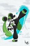 2_toes 3_fingers absurd_res anthro bear belt big_forearms breasts butt crotch_tuft feet female fingers forearms fuzzycogs giant_panda hair hair_bun hi_res high_kick kick kung_fu leaf leaf_hair leafan_(pal) mammal multicolored_body muscular open_mouth orange_eyes pal_(species) palworld plant plant_hair pocketpair pseudo_hair solo thigh_spikes toes tuft