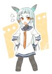 1girl ark_kan black_gloves black_pantyhose blue_hair blue_sailor_collar blunt_bangs blush commentary_request cropped_legs dress fingerless_gloves gloves hair_ribbon hands_on_own_hips headgear kantai_collection long_hair looking_at_viewer murakumo_(kancolle) neckerchief open_mouth orange_eyes pantyhose puff_of_air red_neckerchief red_ribbon ribbon sailor_collar sailor_dress sidelocks signature simple_background solo tress_ribbon 