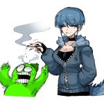  1boy 1girl anger_vein ashes black_choker bloodshot_eyes blue_hair breasts choker cigarette cleavage closed_eyes collarbone_piercing commentary_request ear_piercing earrings face_piercing green_hat grey_jacket hand_in_pocket hat highres holding holding_cigarette hood hooded_jacket jacket jewelry kame-chan_(oligogi_meoggosipda) korean_commentary large_breasts lip_piercing mole mole_under_eye oligogi_meoggosipda original piercing sidelocks simple_background single_earring smoke smoking sweat tail white_background 