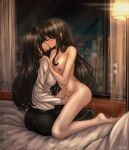 2girls absurdres artist_name bed blush breasts cityscape closed_eyes clothed_female_nude_female commentary_request completely_nude fingering highres incest indoors kiss large_breasts long_hair multiple_girls navel night nipples noirmei nude original siblings sisters toes window yuri 