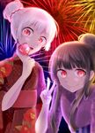  alternate_costume alternate_hairstyle bad_id bad_pixiv_id bangs black_hair fireworks fujiwara_no_mokou hair_up hakurasoa houraisan_kaguya japanese_clothes kimono long_hair looking_at_viewer multiple_girls obi ponytail print_kimono red_eyes sash touhou v white_hair 