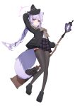  1girl absurdres animal_ear_fluff animal_ears arm_up black_hat black_jacket black_ribbon black_shoes black_thighhighs blunt_bangs blush bow bowtie broom brown_bow brown_bowtie closed_mouth commentary contrast_collar fang fingerless_gloves floating fox_ears fox_tail full_body gloves grey_skirt hair_ornament hair_ribbon halo hat highres holding holding_broom jacket lifted_by_tail mini_hat mini_witch_hat miniskirt original pink_halo plaid_bow plaid_bowtie plaid_clothes plaid_skirt pleated_skirt purple_eyes ribbon rui_p shirt shoes simple_background skin_fang skirt smile tail thighhighs tilted_headwear twintails untranslatable_commentary white_background white_shirt witch witch_hat wrapped_hair x_hair_ornament 