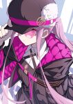  1girl absurdres belt black_dress black_hat black_jacket breasts collared_shirt commentary_request dress fate/grand_order fate_(series) fur-trimmed_headwear fur_trim glasses hamao_1 hat highres jacket long_hair long_sleeves looking_at_viewer medium_breasts medusa_(fate) medusa_(saber)_(fate) medusa_(saber)_(first_ascension)_(fate) parted_bangs pink-tinted_eyewear purple_eyes purple_hair round_eyewear shirt sidelocks solo tinted_eyewear twintails very_long_hair white_shirt 