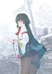  1girl absurdres ass black_hair commentary_request girls'_frontline girls'_frontline_2:_exilium hair_ornament hakama hakama_skirt highres holster japanese_clothes korean_commentary long_hair looking_back miko official_alternate_costume red_eyes red_scarf sakura_(girls'_frontline_2) scarf sj90563032 skirt solo thigh_holster thigh_strap type_100_(girls'_frontline) 