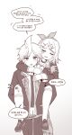  1boy 1girl absurdres armband blush bow_hairband carrying choker closed_eyes collared_shirt commentary double-parted_bangs g_hana greyscale hair_between_eyes hair_ornament hairband hairclip highres jacket kagamine_len kagamine_rin kneehighs korean_text leo/need_len leo/need_rin long_sleeves looking_at_viewer medium_hair monochrome necktie open_clothes open_jacket open_mouth pants parallel_hairclips parted_bangs parted_lips piggyback project_sekai shirt shoes short_hair sidelocks simple_background sneakers socks speech_bubble translation_request vocaloid 