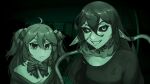  2girls absurdres ahoge alejandro_pupo black_cardigan black_hair black_sclera black_shirt bow bowtie building cardigan closed_mouth collared_shirt colored_sclera commentary english_commentary evil_neuro-sama evil_neuro-sama_(1st_costume) fang from_side grin hair_between_eyes hair_ornament hair_ribbon highres indie_virtual_youtuber layna_lazar long_hair looking_at_viewer multiple_girls night_vision_effect no_i'm_not_a_human pointy_ears ribbon shirt skin_fang skull_hair_ornament smile two_side_up upper_body vedal_ai virtual_youtuber 