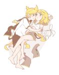  1boy 1girl antenna_hair arm_tattoo barefoot black_sailor_collar black_shorts blonde_hair commentary_request cuddling detached_sleeves double-parted_bangs feet full_body g_hana grey_sailor_collar grey_shorts hair_between_eyes hair_ornament hairclip headphones highres kagamine_len kagamine_rin looking_at_another lying medium_hair number_tattoo on_back on_side parallel_hairclips parted_bangs ponytail sailor_collar shadow shirt short_hair short_ponytail short_shorts short_sleeves shorts sidelocks simple_background sleeveless sleeveless_shirt tattoo unworn_headphones unworn_sleeves vocaloid white_background white_shirt 