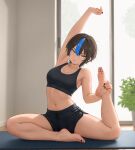  1girl :o anklet arm_up armpits bare_arms bare_legs bare_shoulders barefoot black_hair black_nails black_shorts black_sports_bra blue_streaks breasts brown_eyes cleavage collarbone commentary dolphin_shorts feet flexible hair_between_eyes hands_on_feet highres holding_own_foot indoors jewelry leg_up legs looking_at_viewer medium_breasts midriff multicolored_hair nail_polish navel navel_piercing nihu original parted_lips piercing plant potted_plant shiragi_(nihu) short_hair short_shorts shorts single_hair_streak sliding_doors soles solo sports_bra spread_legs stomach streaked_hair stretching thighs toenail_polish toenails toes toned toned_female window yoga yoga_mat 