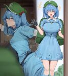  +++ 1girl 258n ^_^ backpack bag black_gloves blue_boots blue_eyes blue_hair blue_shirt blue_skirt blurry blush boots breasts closed_eyes collared_shirt depth_of_field facing_viewer from_side gloves green_bag green_hat hair_bobbles hair_ornament hat highres jewelry kawashiro_nitori key key_necklace knee_boots large_breasts looking_at_viewer medium_hair multiple_views necklace puffy_short_sleeves puffy_sleeves shirt short_sleeves skirt touhou two_side_up 