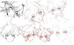  1boy :o absurdres antenna_hair blush commentary_request embarrassed frown g_hana greyscale hair_between_eyes highres kagamine_len korean_commentary looking_at_viewer male_focus monochrome multiple_views open_mouth portrait pout short_hair sidelocks simple_background sketch spot_color star_(symbol) star_in_eye symbol_in_eye vocaloid white_background 