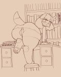 2024 animal_crossing anthro anus biped bodily_fluids book canid canine canis clothed clothing crossgender defunctumbra desk digby_(animal_crossing) domestic_dog female floppy_ears freckled_face freckles furniture genitals hi_res knee_tuft leg_tuft mammal monochrome mtf_crossgender nintendo no_underwear on_stool open_mouth pawpads paws plump_labia pubic_fuzz puffy_anus reaching_for_object rear_view shirt short_tail solo sweat sweaty_face table tail topwear tuft vulva