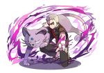  1boy alolan_persian ark_kan black_pants black_shirt closed_mouth commentary_request fangs grey_hair male_focus mature_male nanu_(pokemon) on_one_knee open_clothes open_shirt pants pokemon pokemon_(creature) pokemon_sun_and_moon red_eyes red_shirt sandals shirt short_sleeves signature simple_background 