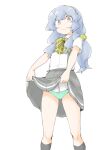  1girl akara_kai arm_warmers black_socks bow bow_panties bowtie braid clothes_lift feet_out_of_frame green_bow green_bowtie green_hairband green_panties grey_eyes grey_hair grey_skirt hair_flaps hairband highres kantai_collection long_hair panties plaid_bow plaid_bowtie plaid_clothes pleated_skirt school_uniform simple_background skirt skirt_lift smile smug socks solo suspenders underwear wavy_hair white_background yamagumo_(kancolle) 